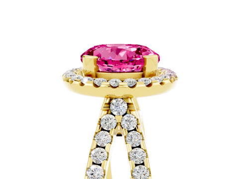Yellow gold Round Cut Pink Sapphire Halo Ring with Split Shank Pavé Band and Prong Setting_17