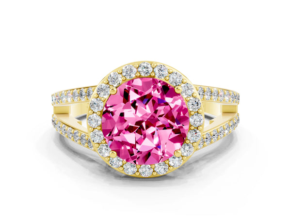 Yellow gold Round Cut Pink Sapphire Halo Ring with Split Shank U-Prong Band and Four-Prong Setting