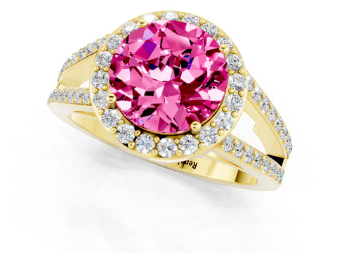 Yellow gold Round Cut Pink Sapphire Halo Ring with Split Shank U-Prong Band and Four-Prong Setting_1