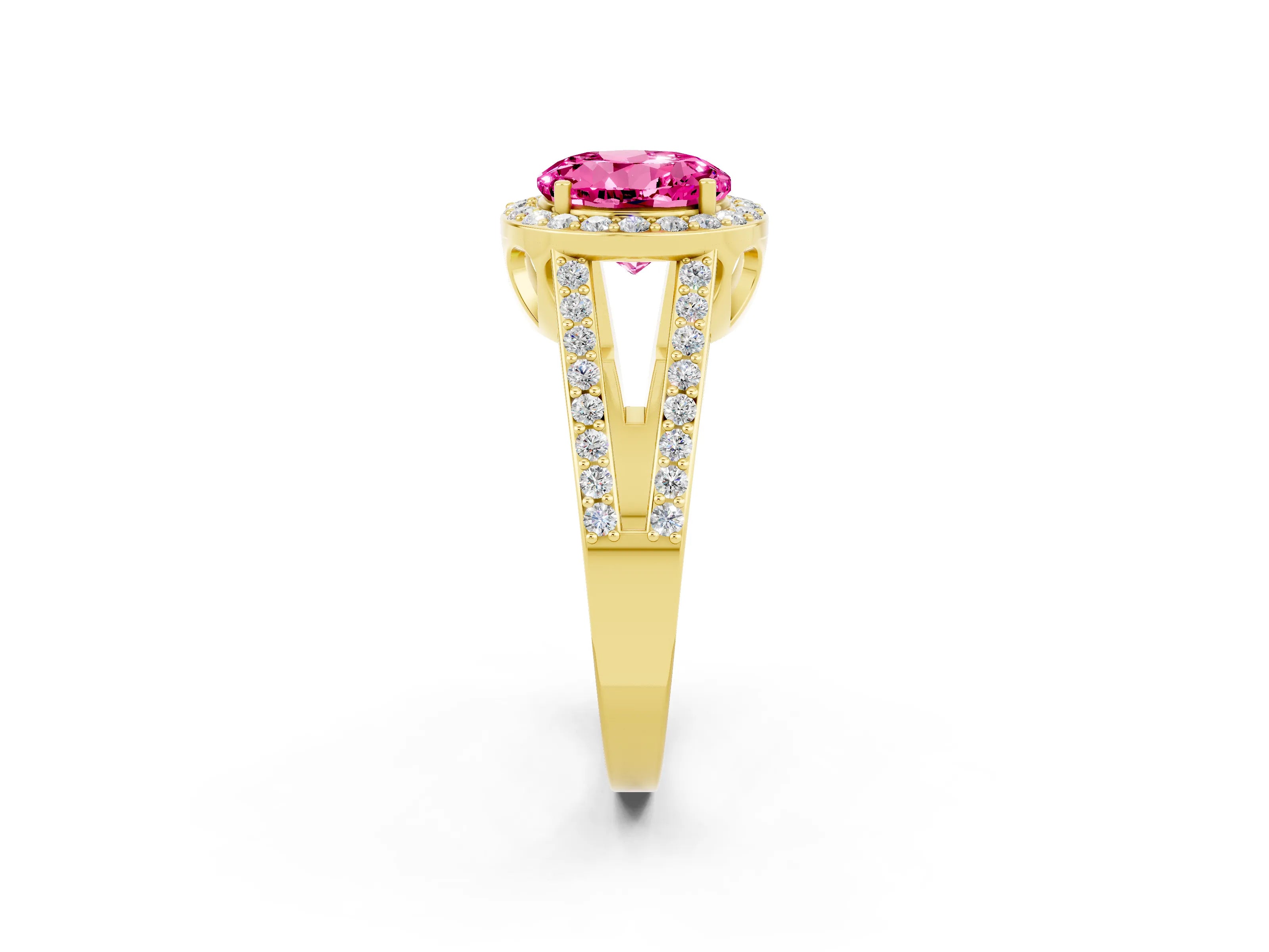 Yellow gold Round Cut Pink Sapphire Halo Ring with Split Shank U-Prong Band and Four-Prong Setting_2