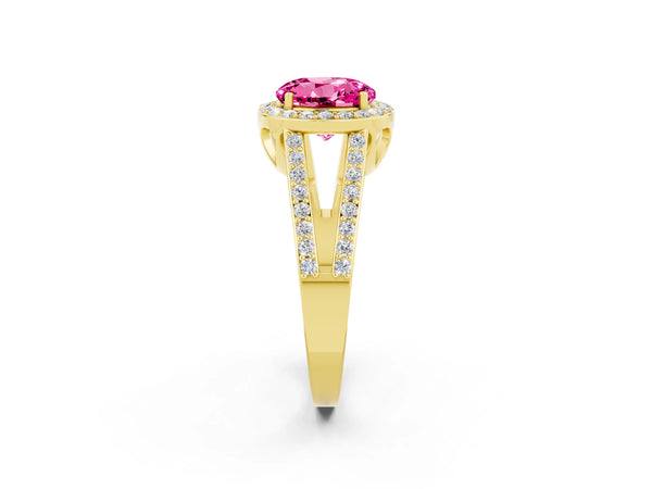 Yellow gold Round Cut Pink Sapphire Halo Ring with Split Shank U-Prong Band and Four-Prong Setting