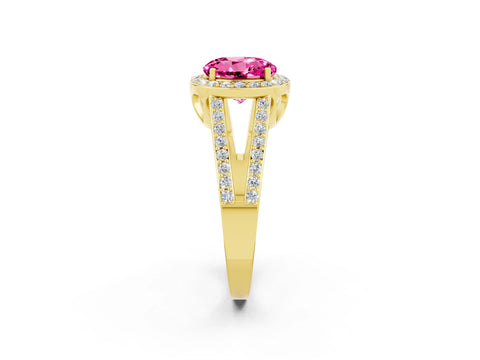 Yellow gold Round Cut Pink Sapphire Halo Ring with Split Shank U-Prong Band and Four-Prong Setting_2