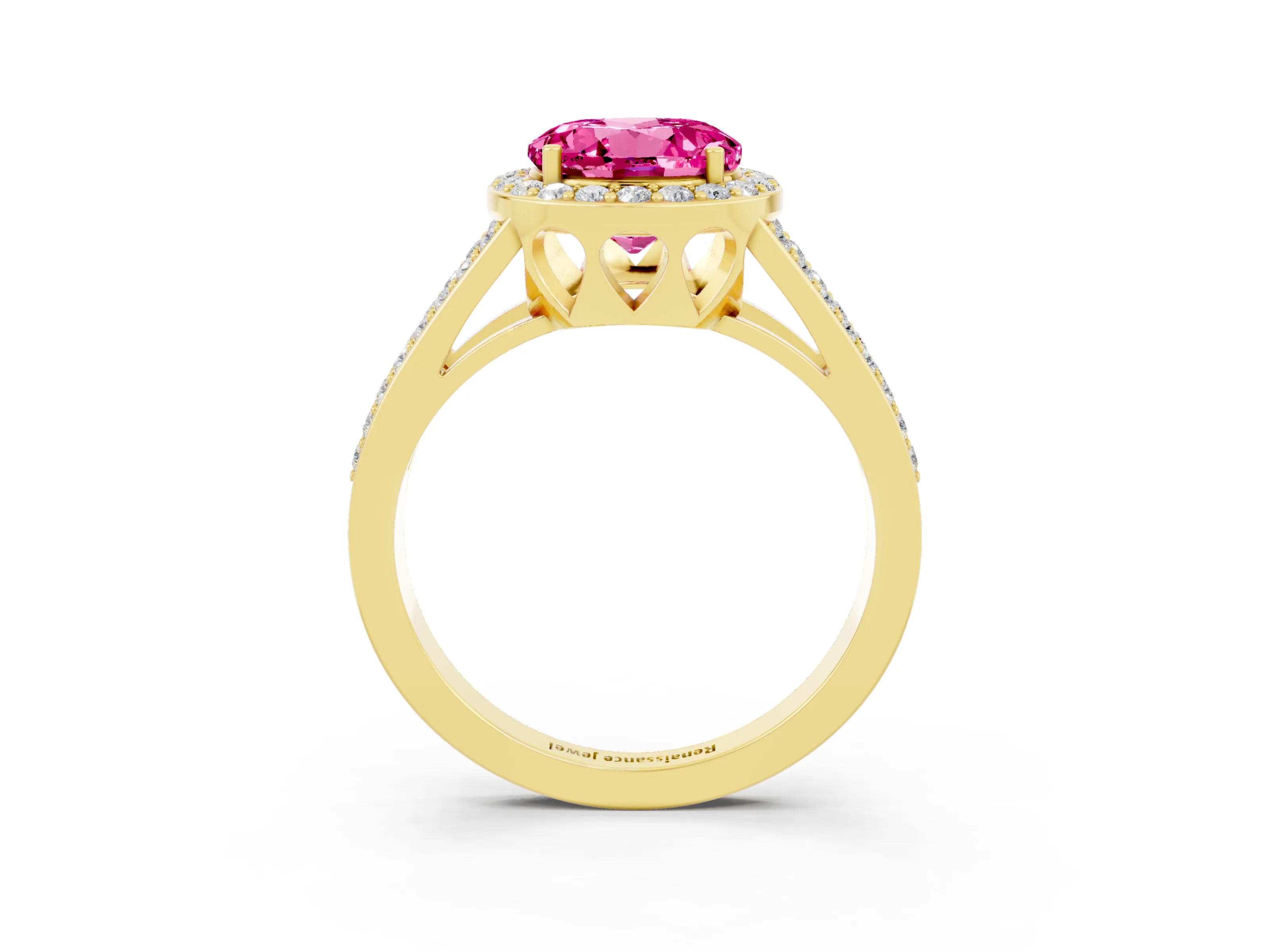 Yellow gold Round Cut Pink Sapphire Halo Ring with Split Shank U-Prong Band and Four-Prong Setting_3