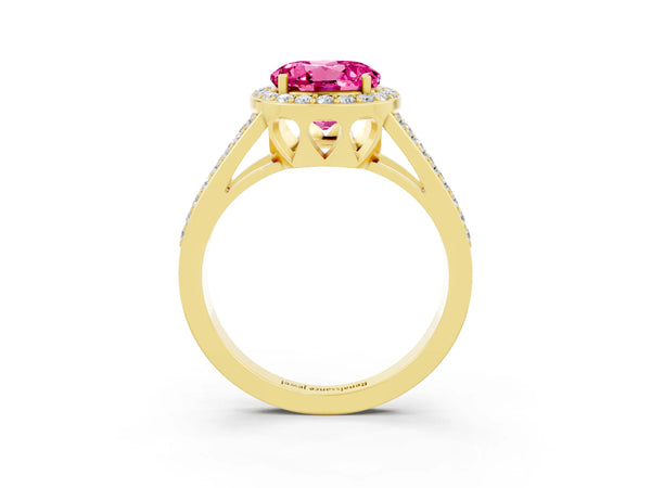 Yellow gold Round Cut Pink Sapphire Halo Ring with Split Shank U-Prong Band and Four-Prong Setting