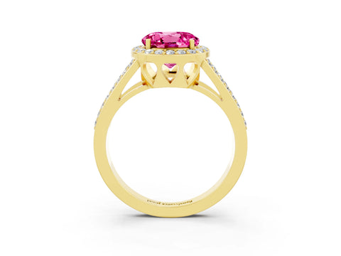 Yellow gold Round Cut Pink Sapphire Halo Ring with Split Shank U-Prong Band and Four-Prong Setting_3