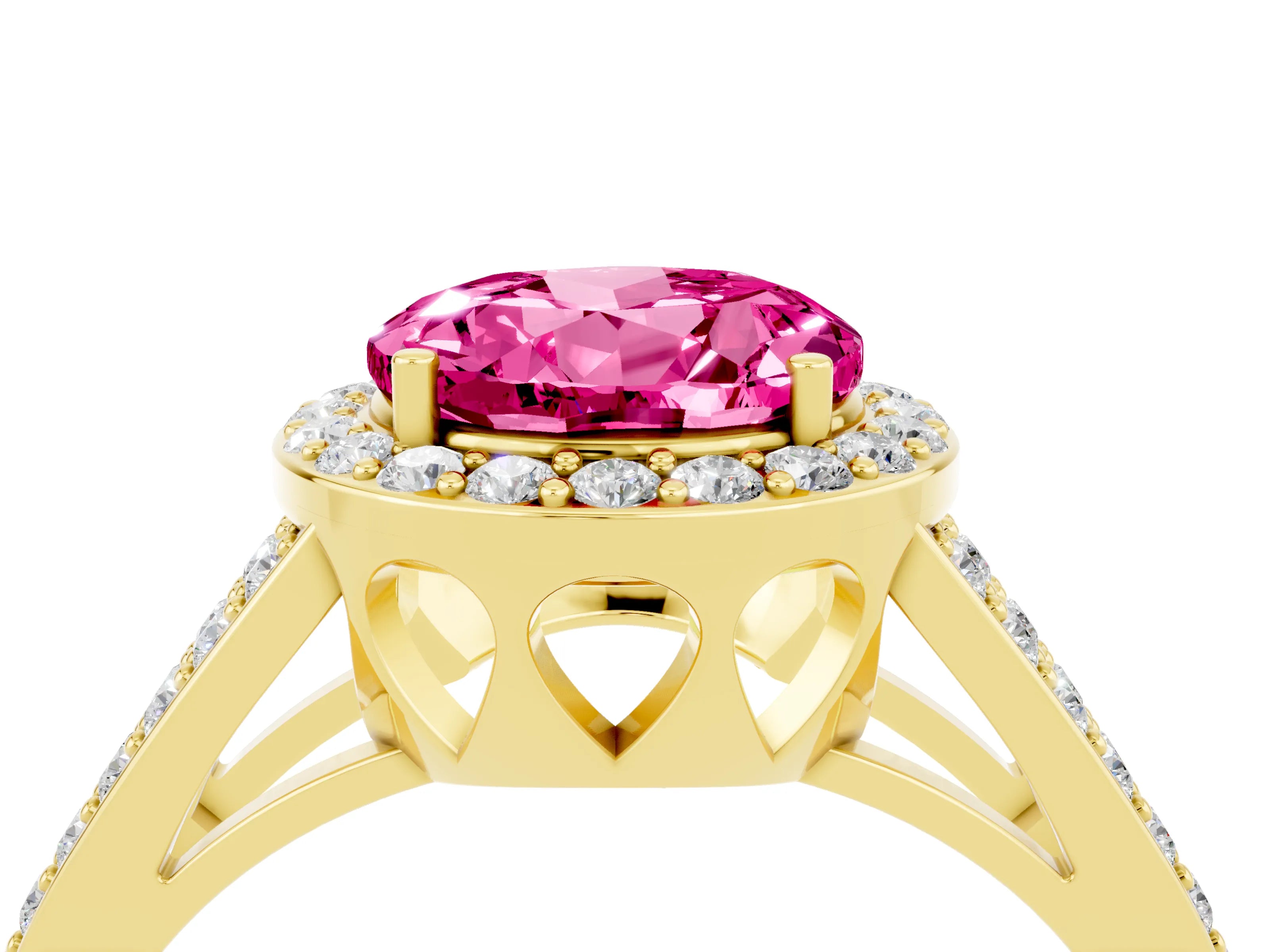Yellow gold Round Cut Pink Sapphire Halo Ring with Split Shank U-Prong Band and Four-Prong Setting_4