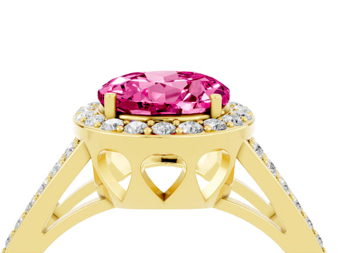 Yellow gold Round Cut Pink Sapphire Halo Ring with Split Shank U-Prong Band and Four-Prong Setting_4