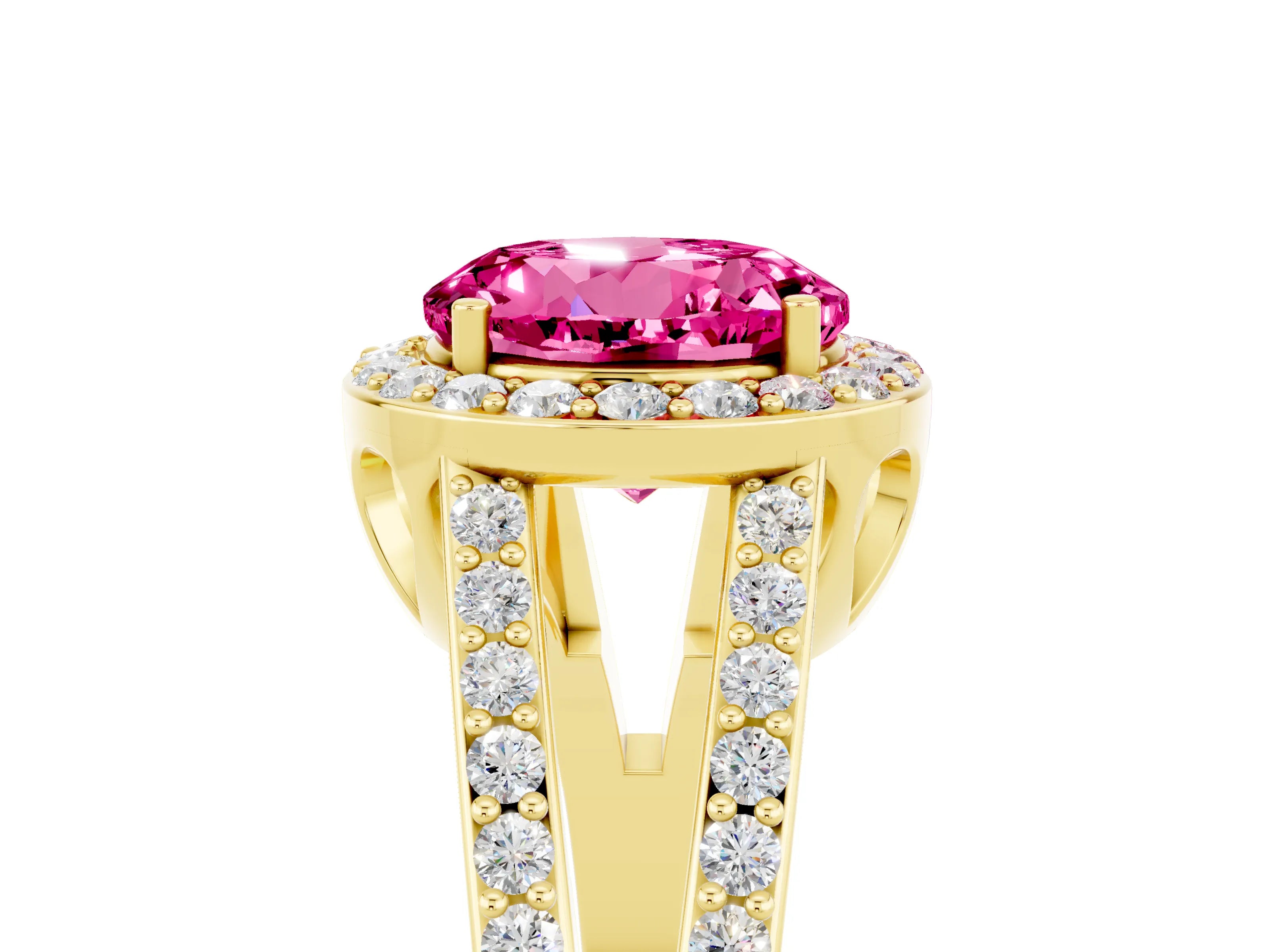 Yellow gold Round Cut Pink Sapphire Halo Ring with Split Shank U-Prong Band and Four-Prong Setting_5