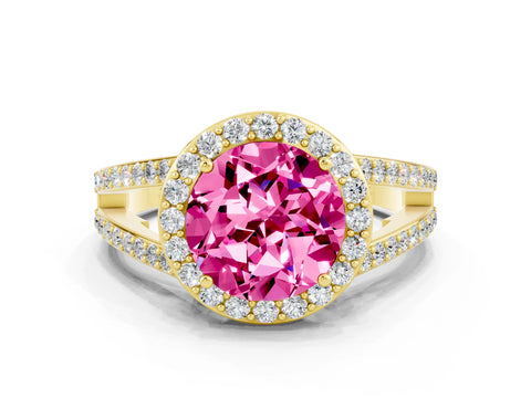 Yellow gold Round Cut Pink Sapphire Halo Ring with Split Shank U-Prong Band and Four-Prong Setting