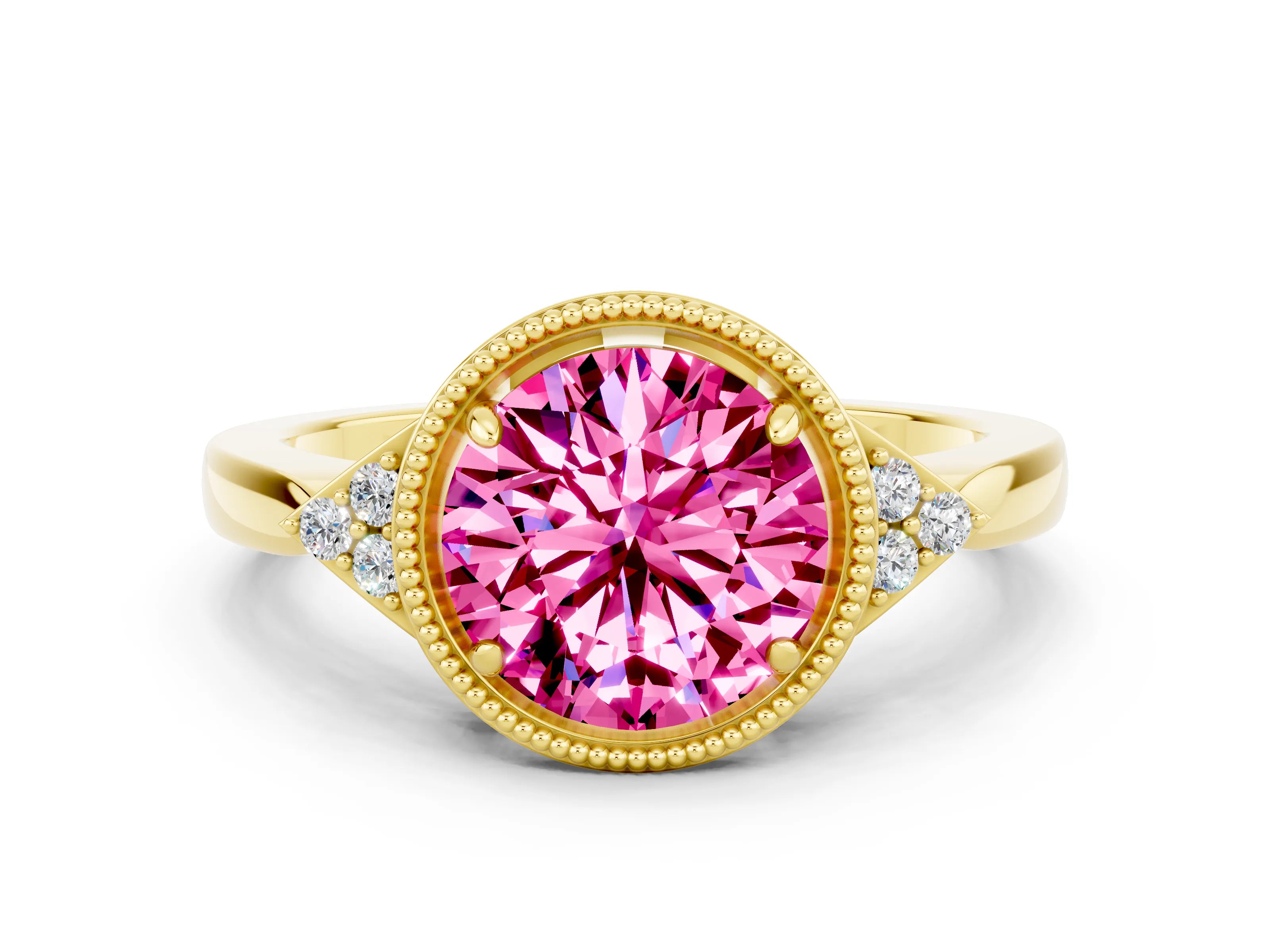 Yellow gold Round Cut Pink Sapphire Halo Ring with Tapered Band and Four-Prong Setting