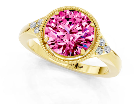 Yellow gold Round Cut Pink Sapphire Halo Ring with Tapered Band and Four-Prong Setting_1