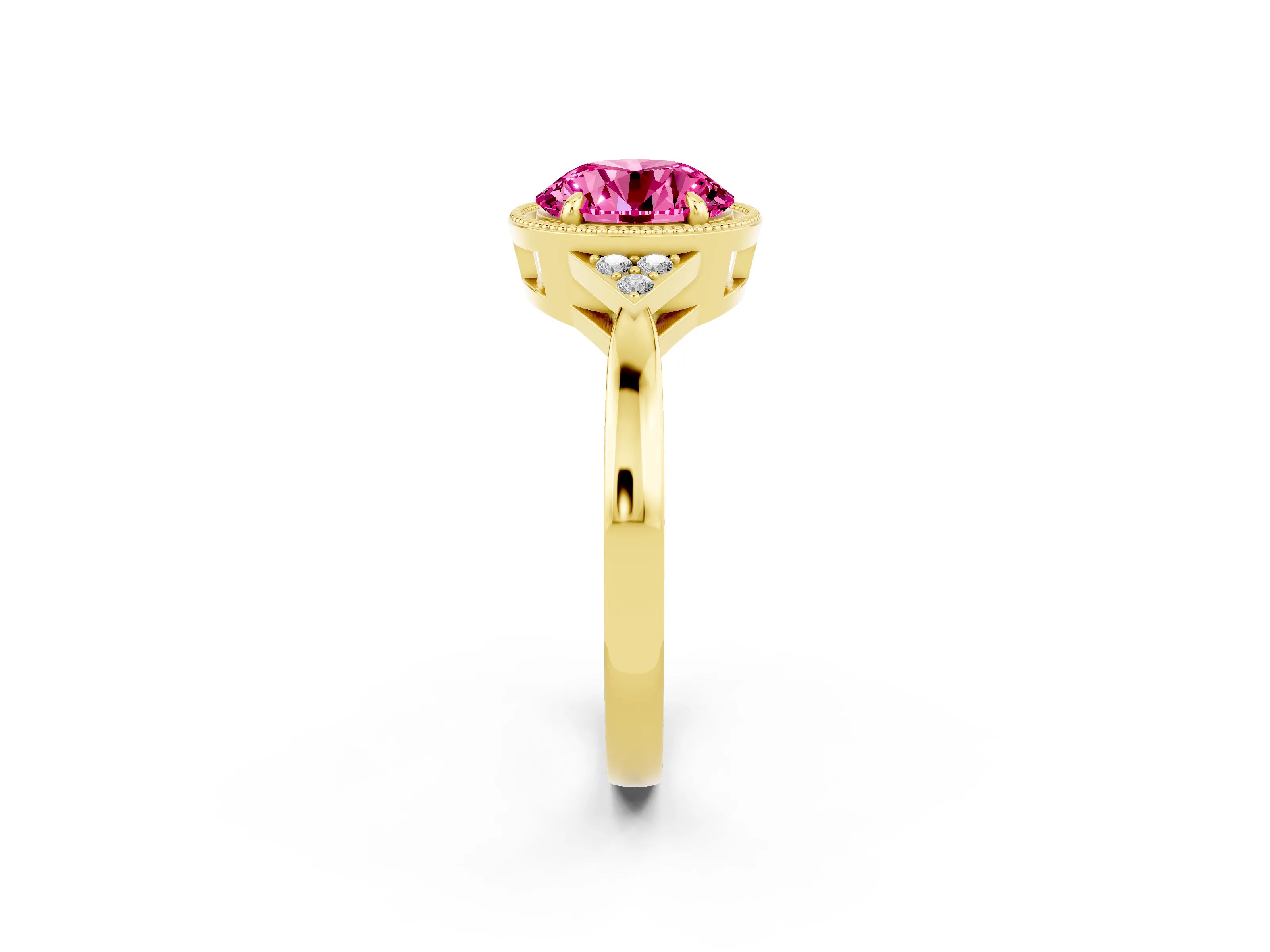 Yellow gold Round Cut Pink Sapphire Halo Ring with Tapered Band and Four-Prong Setting_2