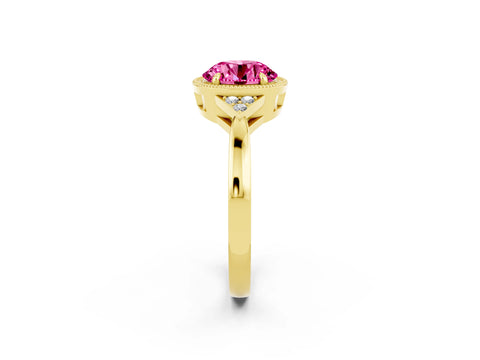 Yellow gold Round Cut Pink Sapphire Halo Ring with Tapered Band and Four-Prong Setting_2
