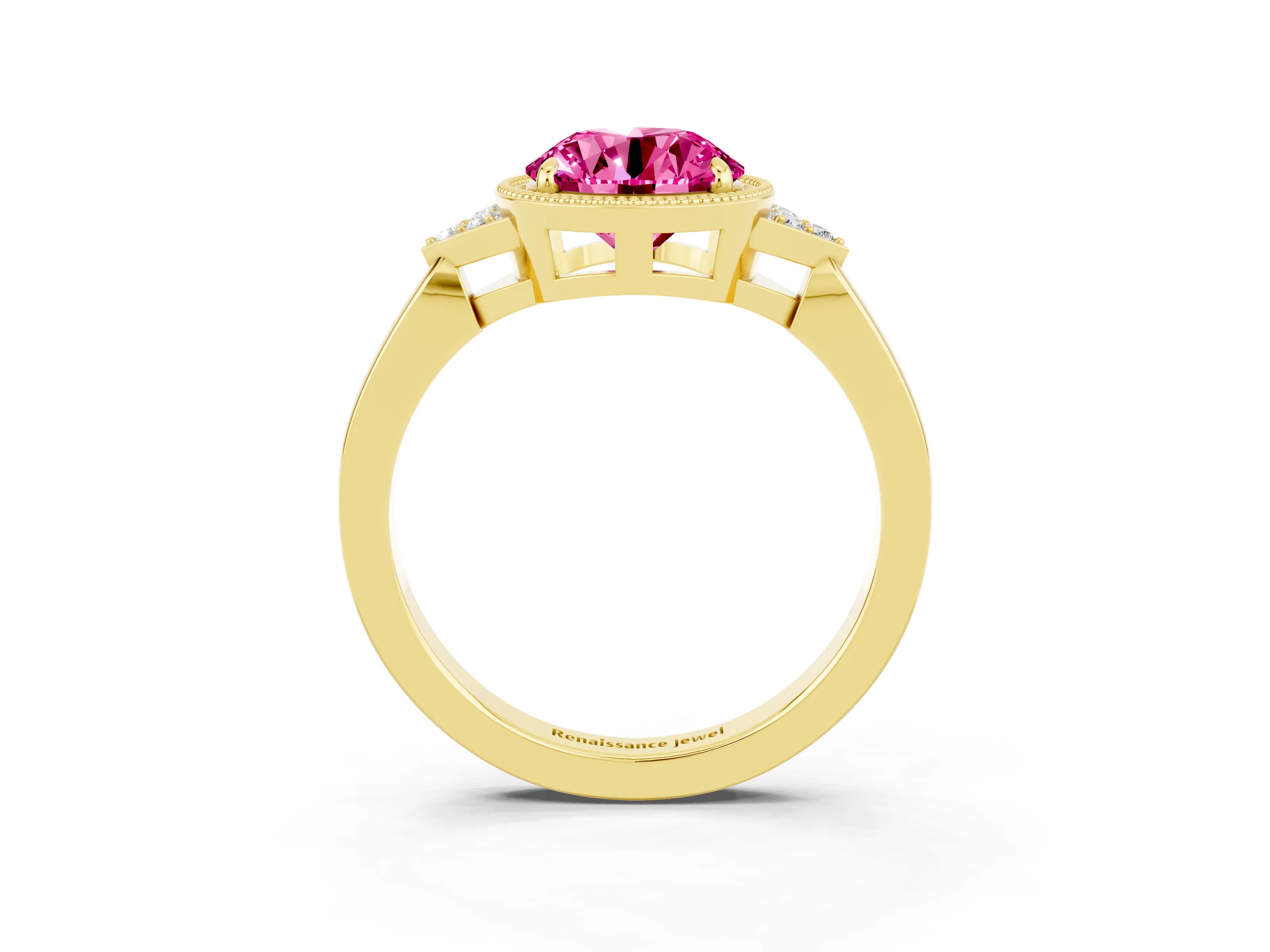 Yellow gold Round Cut Pink Sapphire Halo Ring with Tapered Band and Four-Prong Setting_3