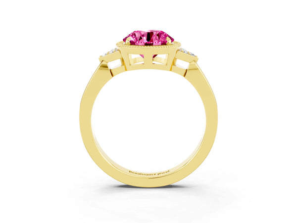 Yellow gold Round Cut Pink Sapphire Halo Ring with Tapered Band and Four-Prong Setting