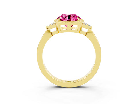 Yellow gold Round Cut Pink Sapphire Halo Ring with Tapered Band and Four-Prong Setting_3