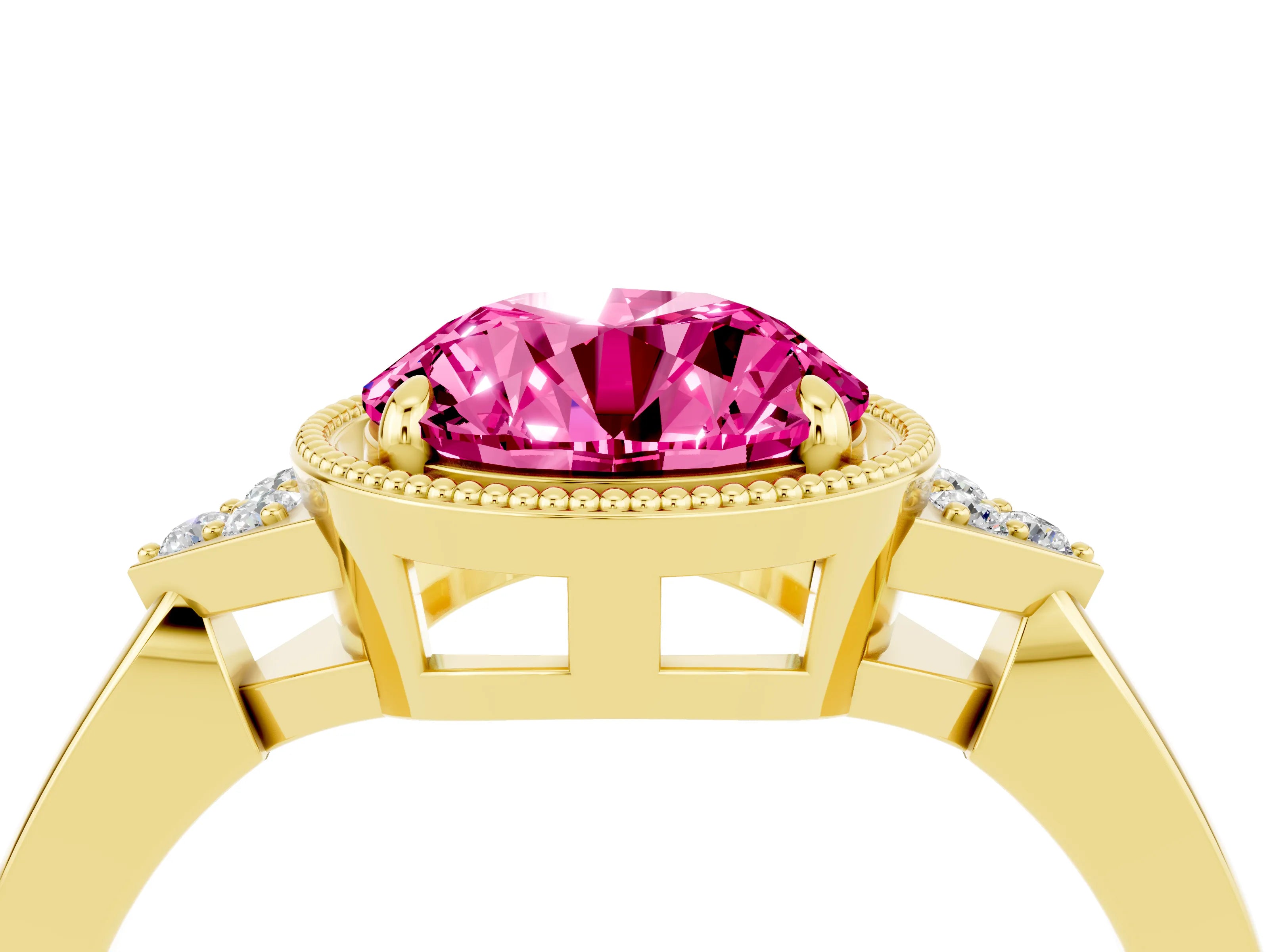 Yellow gold Round Cut Pink Sapphire Halo Ring with Tapered Band and Four-Prong Setting_4