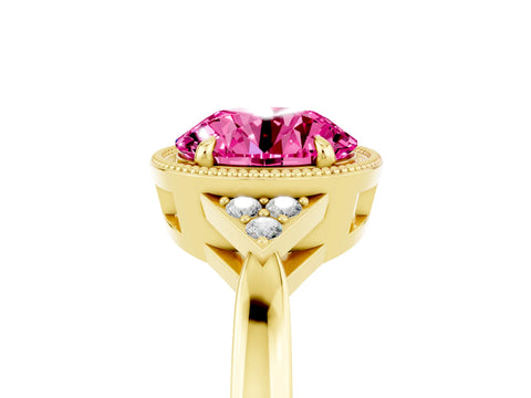 Yellow gold Round Cut Pink Sapphire Halo Ring with Tapered Band and Four-Prong Setting_5