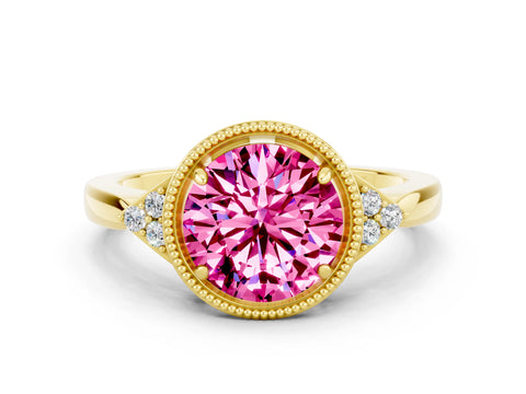 Yellow gold Round Cut Pink Sapphire Halo Ring with Tapered Band and Four-Prong Setting