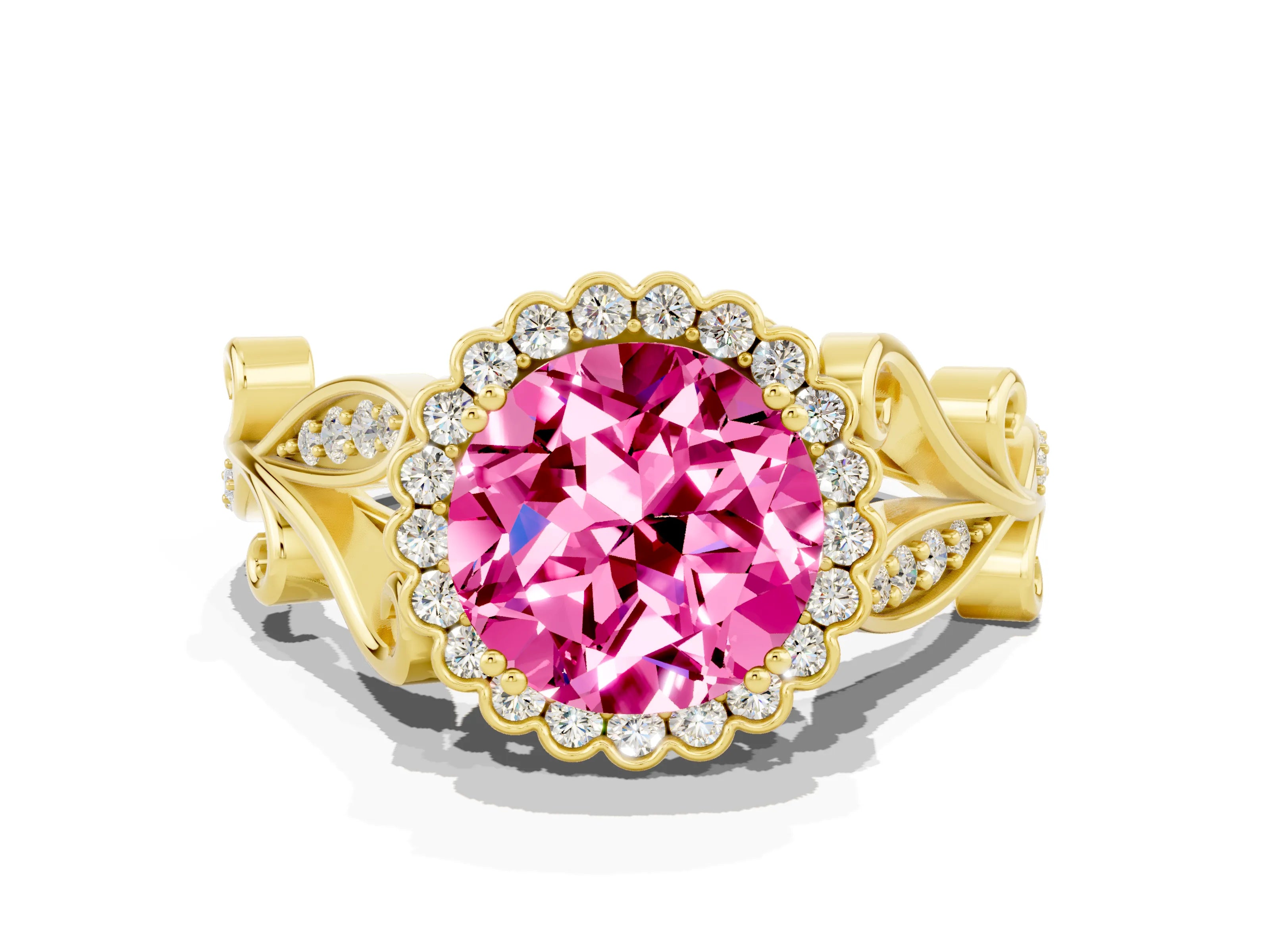 Yellow gold Round Cut Pink Sapphire Halo Ring with Vintage Split Shank and Four-Prong Setting