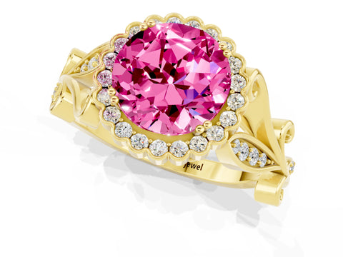 Yellow gold Round Cut Pink Sapphire Halo Ring with Vintage Split Shank and Four-Prong Setting_1