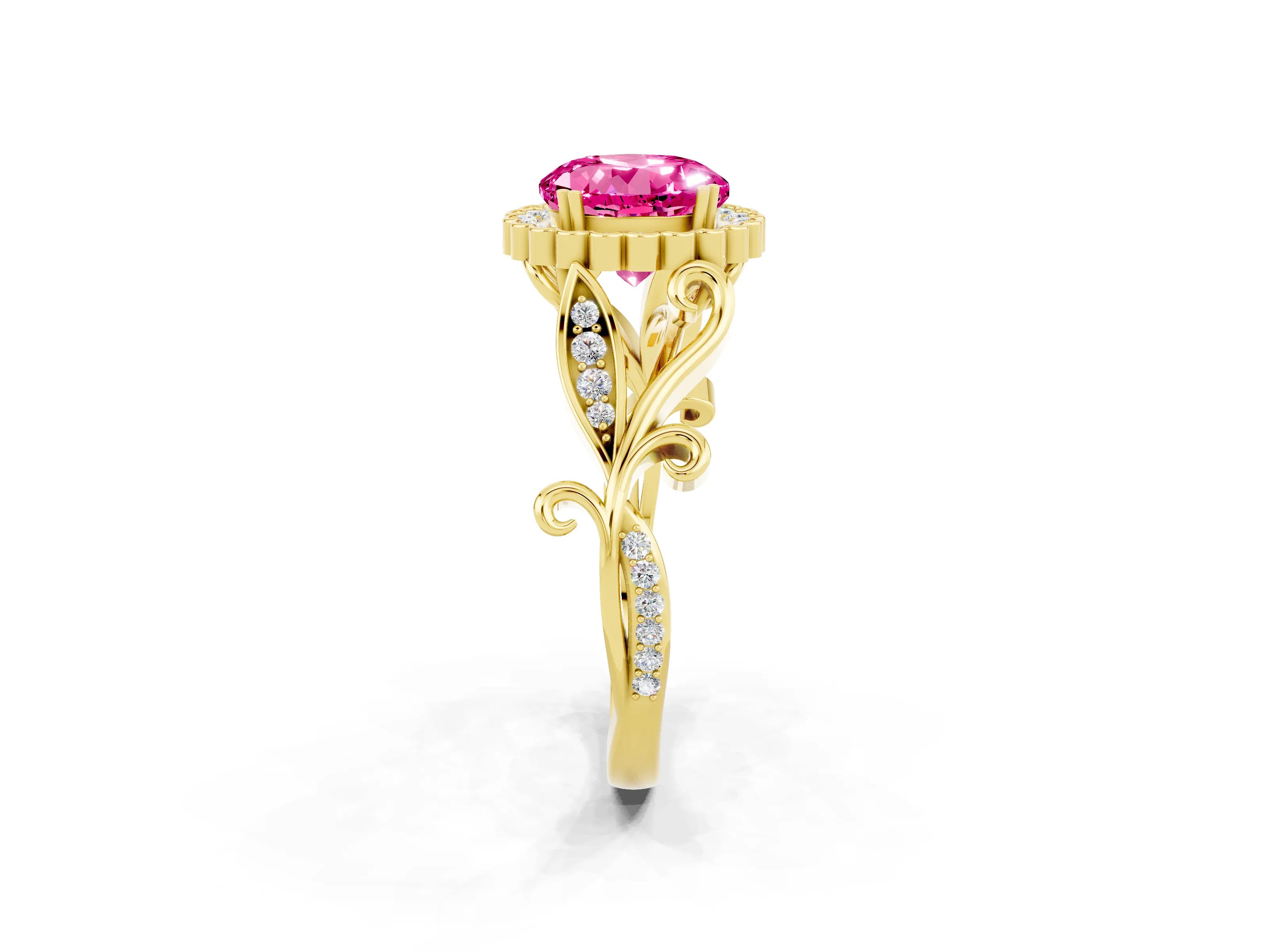 Yellow gold Round Cut Pink Sapphire Halo Ring with Vintage Split Shank and Four-Prong Setting_2