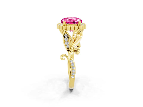 Yellow gold Round Cut Pink Sapphire Halo Ring with Vintage Split Shank and Four-Prong Setting_2