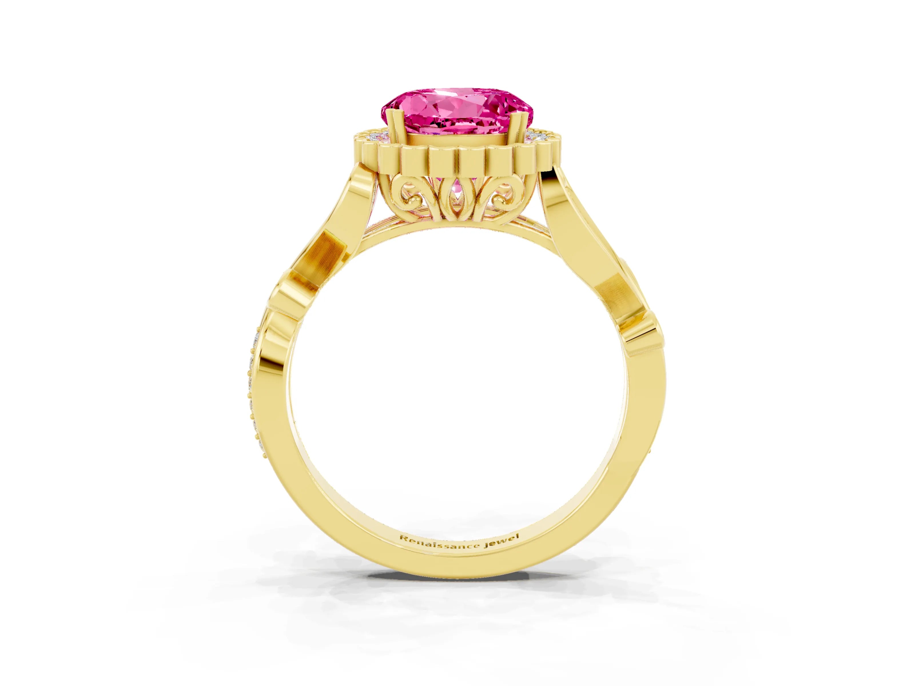 Yellow gold Round Cut Pink Sapphire Halo Ring with Vintage Split Shank and Four-Prong Setting_3