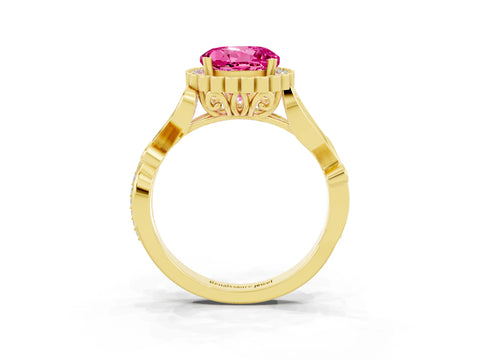 Yellow gold Round Cut Pink Sapphire Halo Ring with Vintage Split Shank and Four-Prong Setting_3