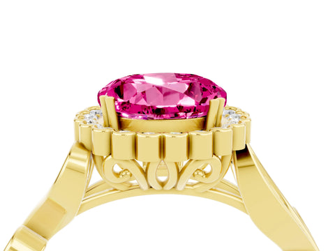 Yellow gold Round Cut Pink Sapphire Halo Ring with Vintage Split Shank and Four-Prong Setting_4