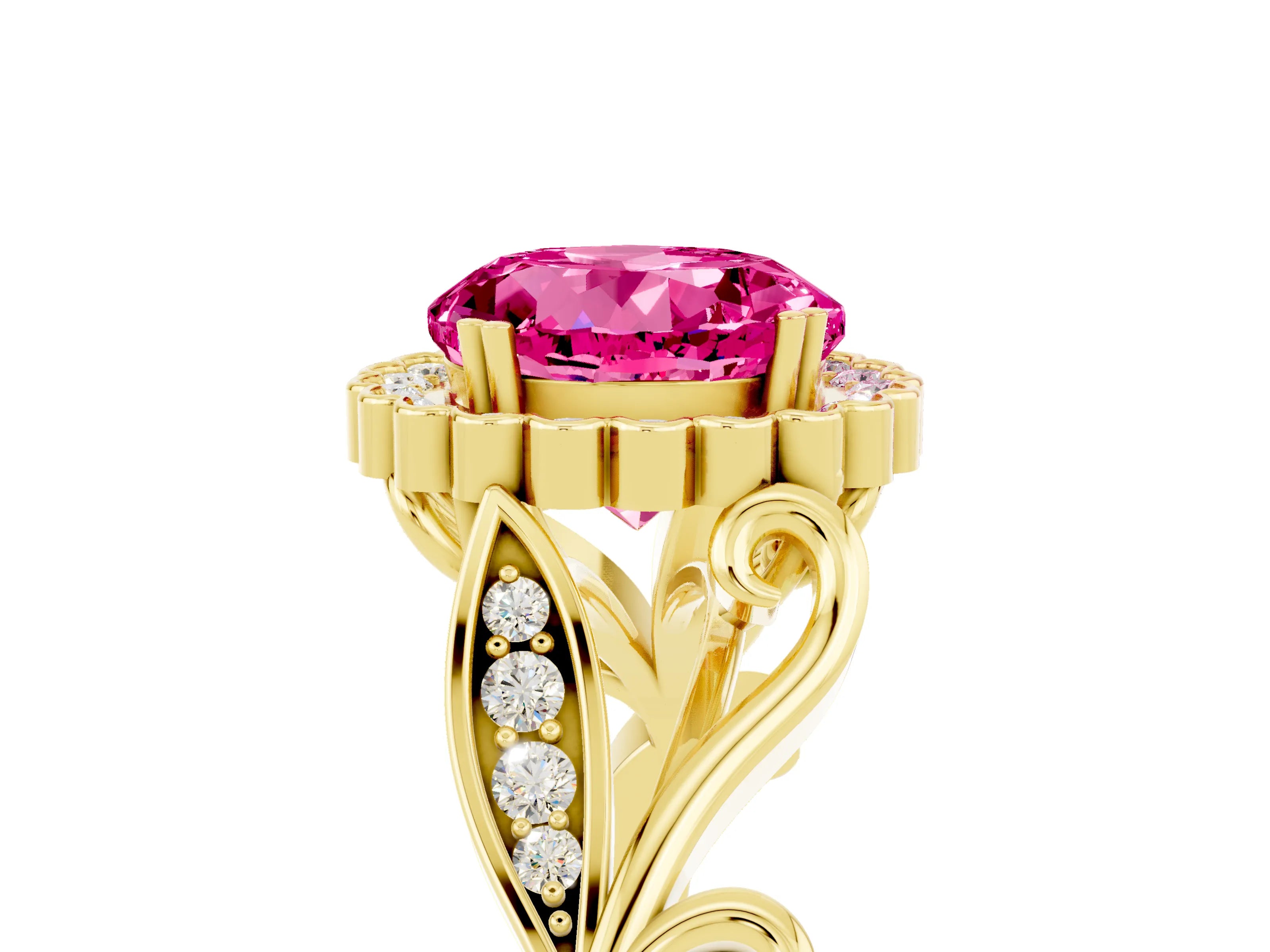 Yellow gold Round Cut Pink Sapphire Halo Ring with Vintage Split Shank and Four-Prong Setting_5