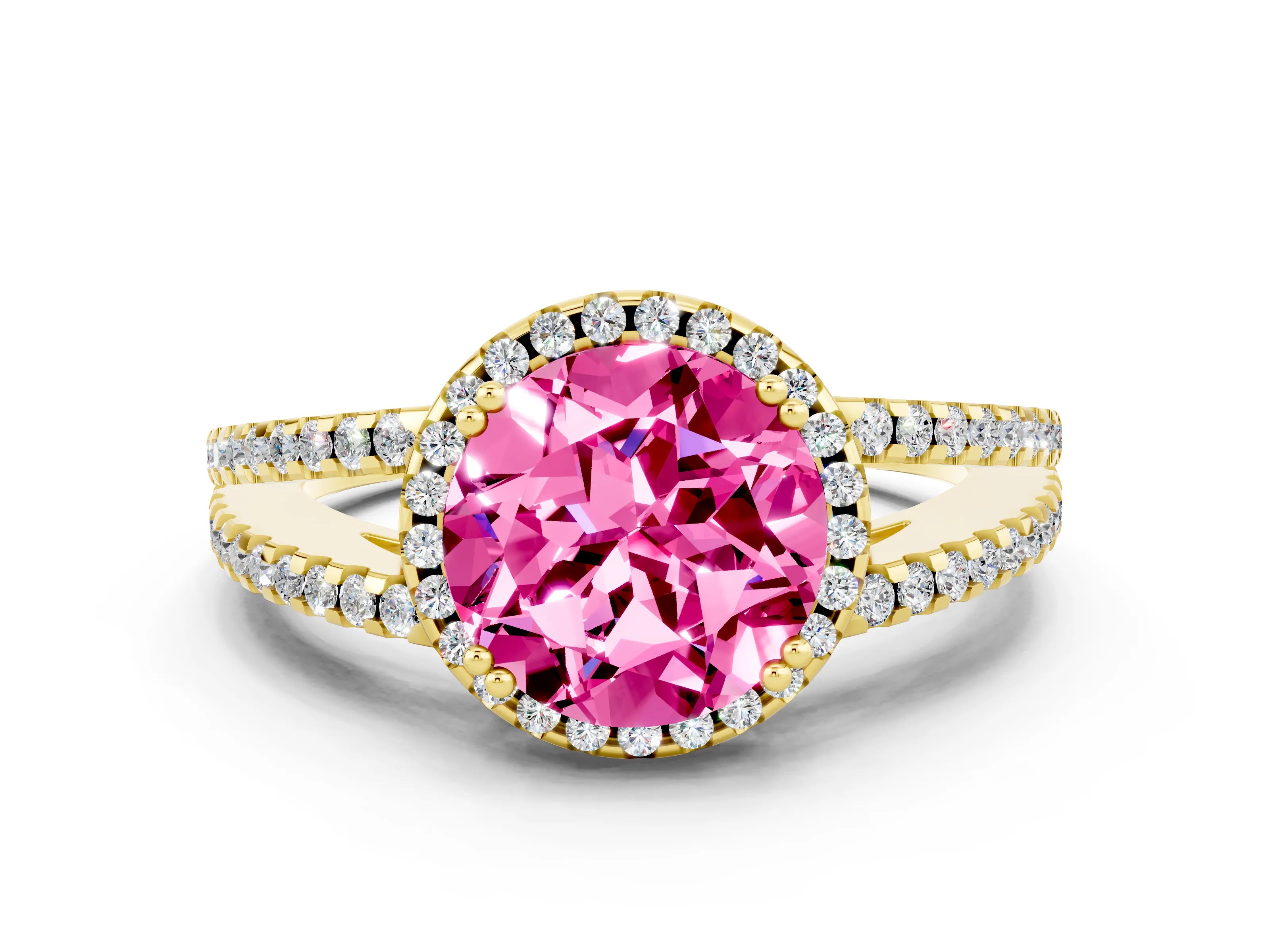 Yellow gold Round Cut Pink Sapphire Halo Split Shank Engagement Ring_12