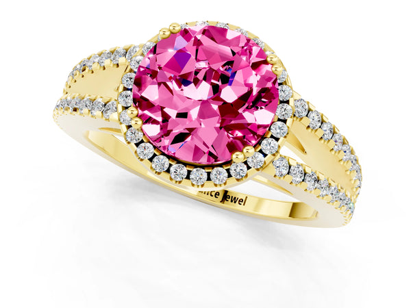Yellow gold Round Cut Pink Sapphire Halo Split Shank Engagement Ring