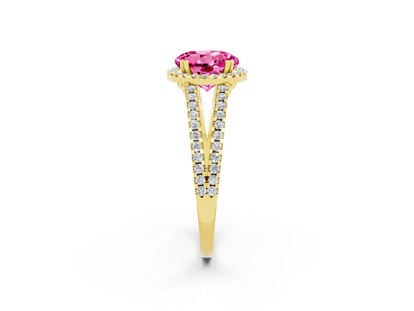 Yellow gold Round Cut Pink Sapphire Halo Split Shank Engagement Ring