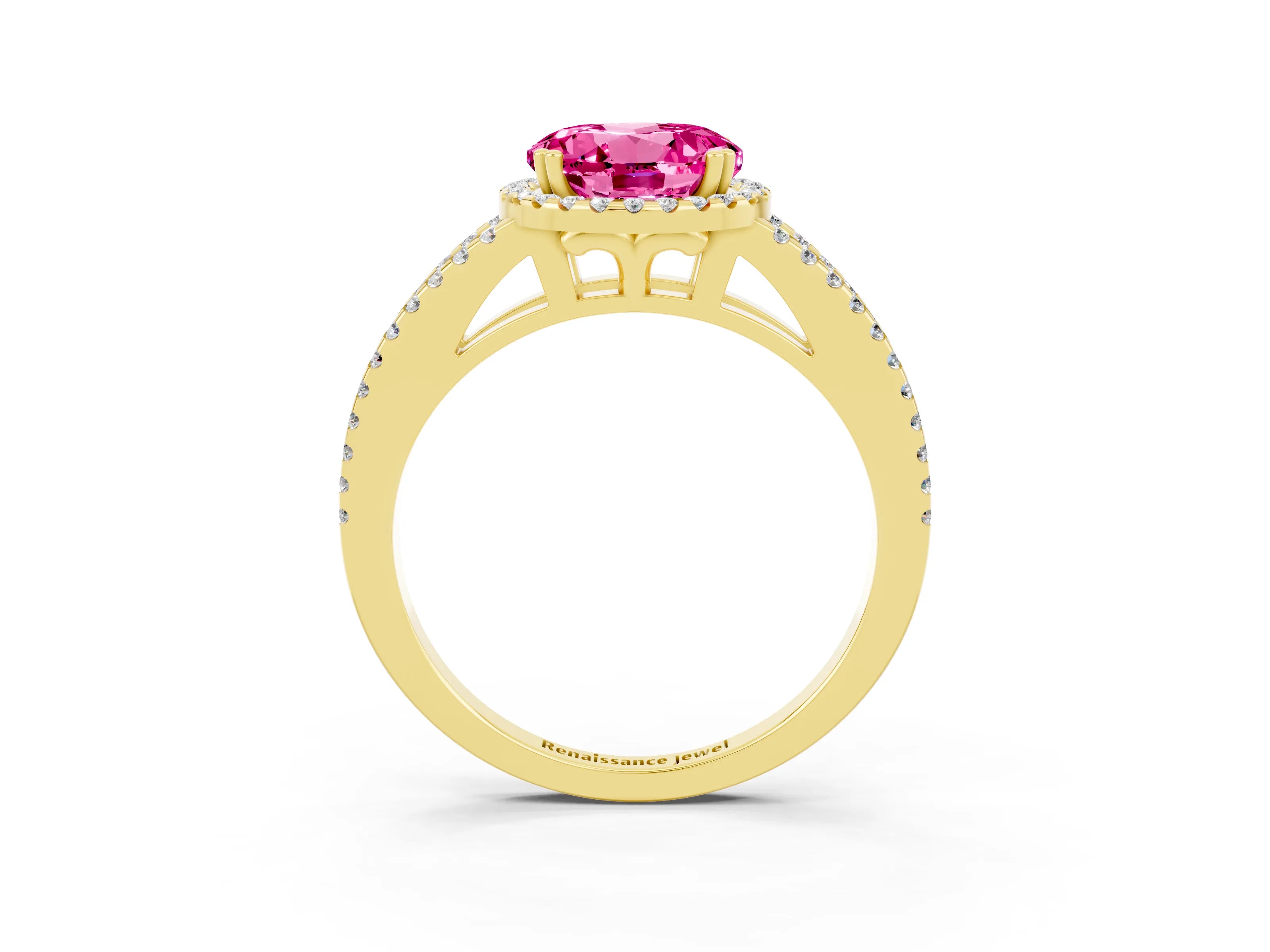 Yellow gold Round Cut Pink Sapphire Halo Split Shank Engagement Ring_15