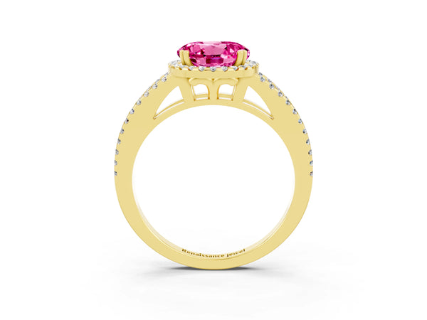 Yellow gold Round Cut Pink Sapphire Halo Split Shank Engagement Ring