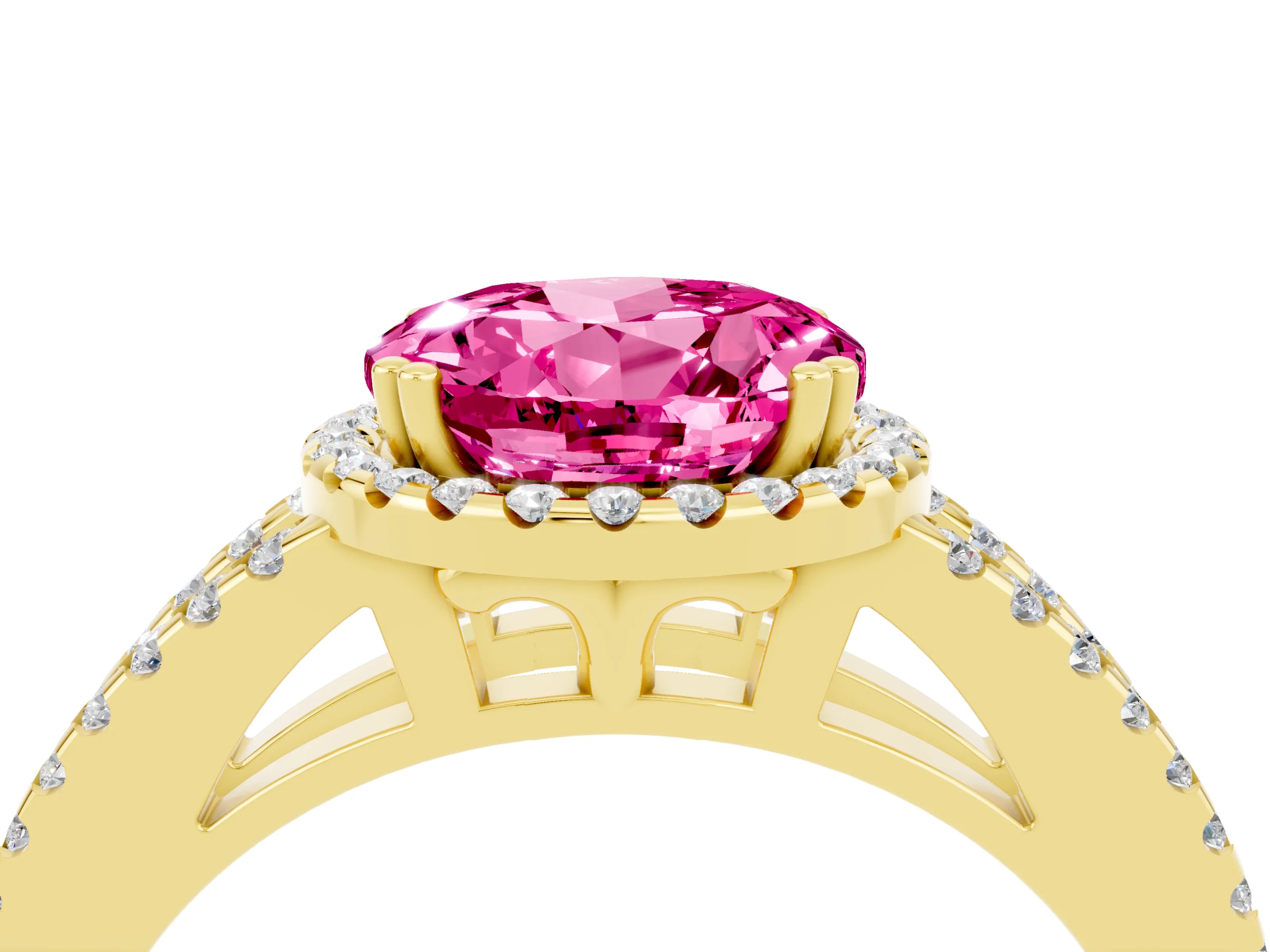 Yellow gold Round Cut Pink Sapphire Halo Split Shank Engagement Ring_16