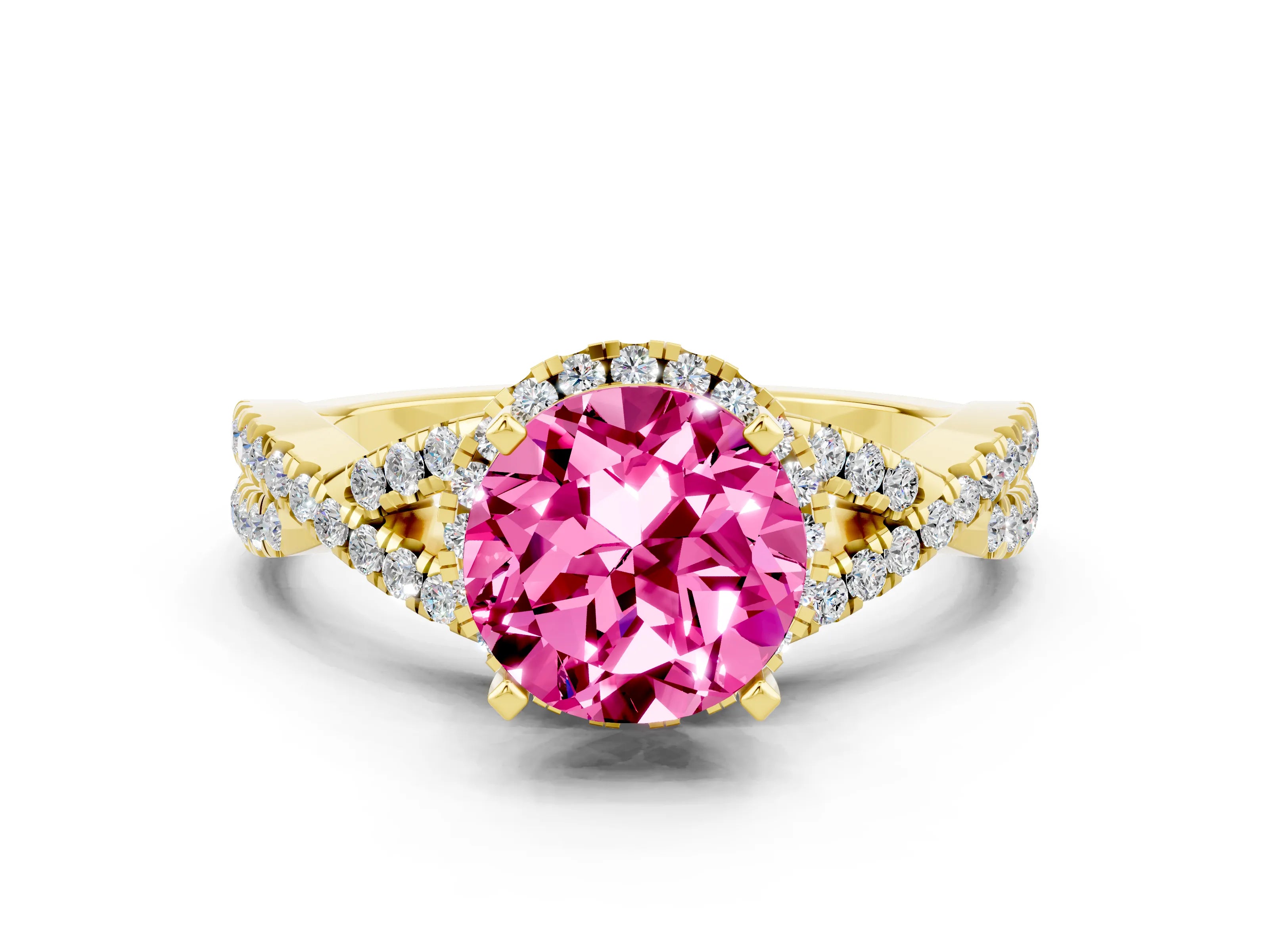 Yellow gold Round Cut Pink Sapphire Halo Twist Band Solitaire Prong Setting Ring_24