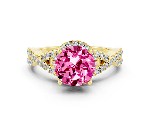 Yellow gold Round Cut Pink Sapphire Halo Twist Band Solitaire Prong Setting Ring_24