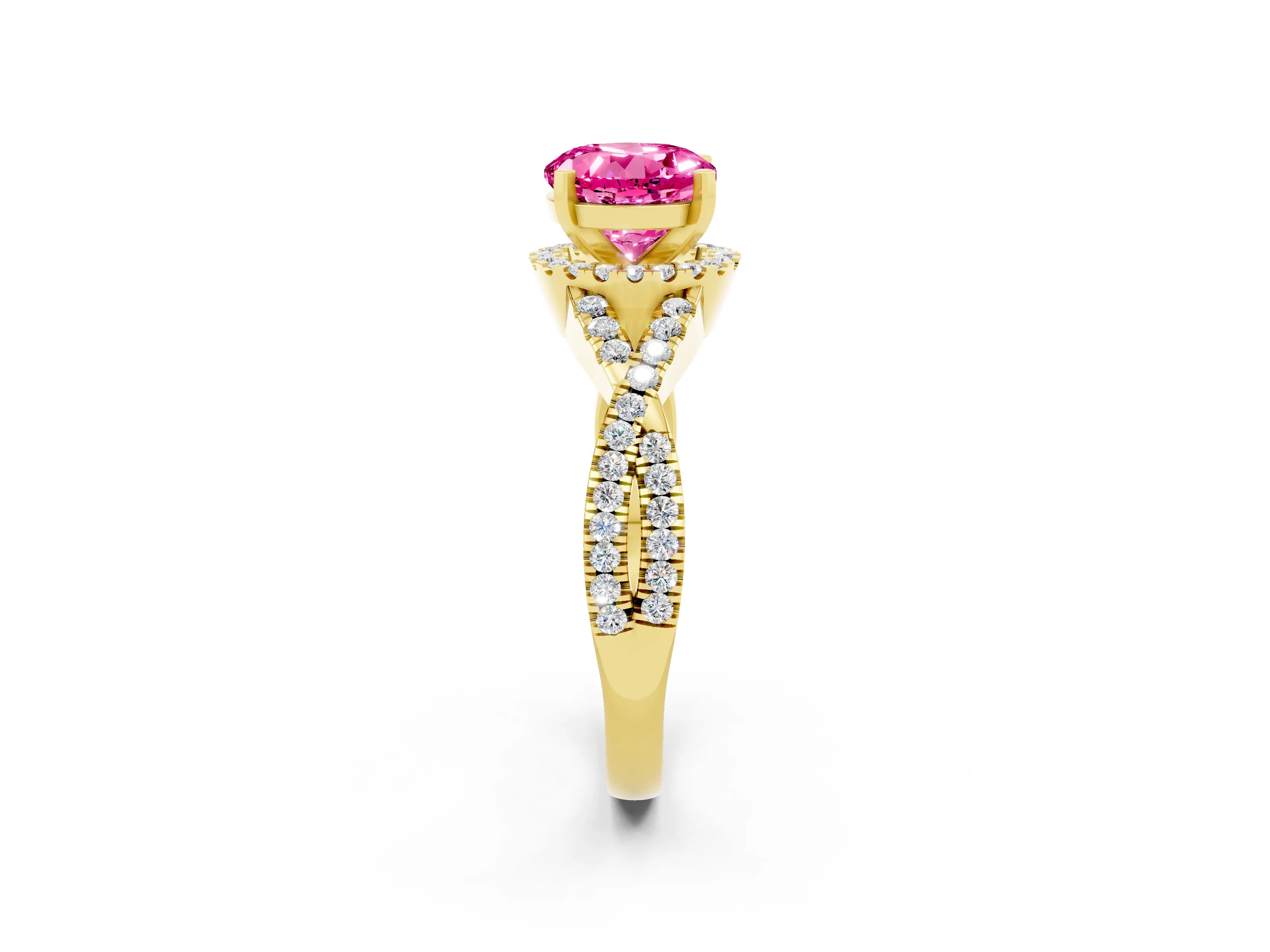 Yellow gold Round Cut Pink Sapphire Halo Twist Band Solitaire Prong Setting Ring_26