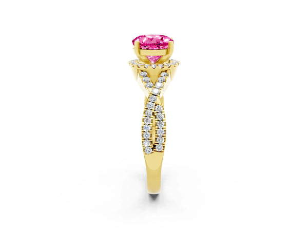 Yellow gold Round Cut Pink Sapphire  Halo Twist Band Solitaire Prong Setting Ring