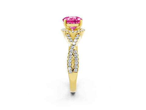 Yellow gold Round Cut Pink Sapphire Halo Twist Band Solitaire Prong Setting Ring_26