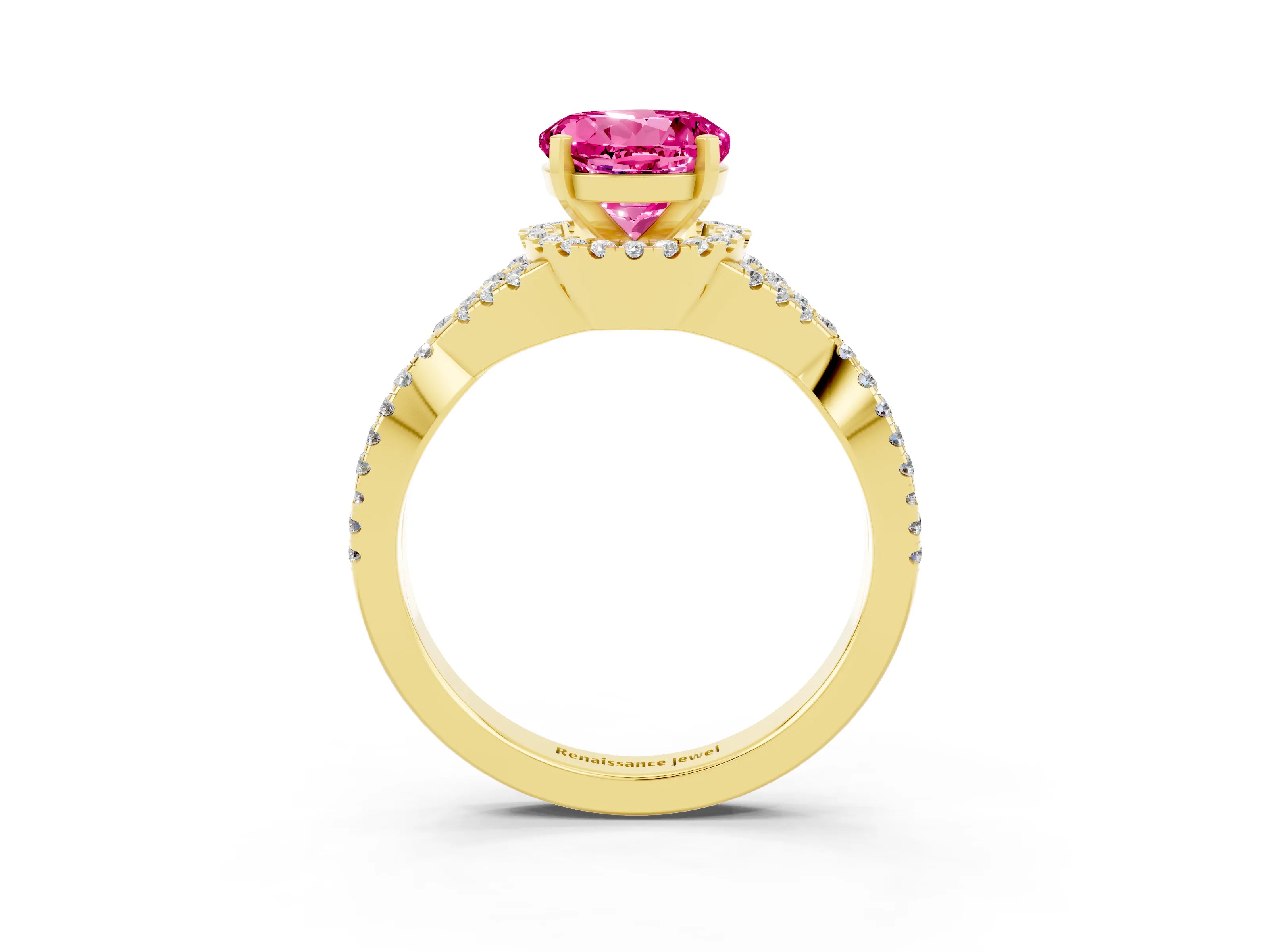 Yellow gold Round Cut Pink Sapphire Halo Twist Band Solitaire Prong Setting Ring_27
