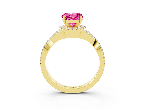 Yellow gold Round Cut Pink Sapphire  Halo Twist Band Solitaire Prong Setting Ring