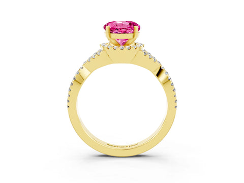Yellow gold Round Cut Pink Sapphire Halo Twist Band Solitaire Prong Setting Ring_27