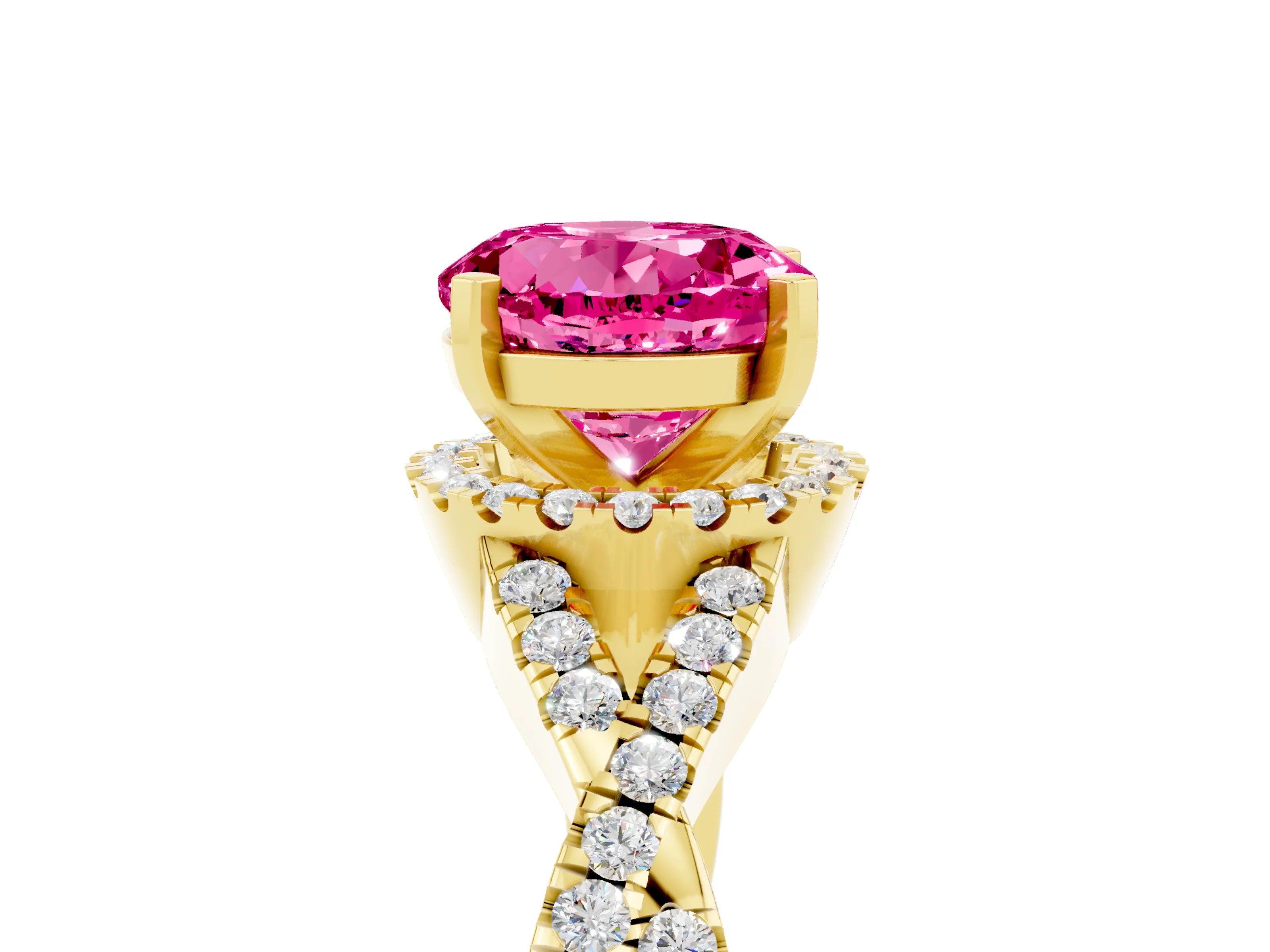 Yellow gold Round Cut Pink Sapphire Halo Twist Band Solitaire Prong Setting Ring_29