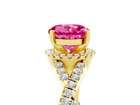 Yellow gold Round Cut Pink Sapphire Halo Twist Band Solitaire Prong Setting Ring_29