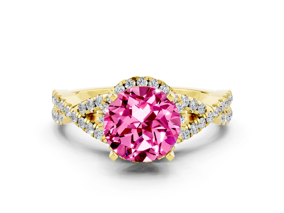 Yellow gold Round Cut Pink Sapphire  Halo Twist Band Solitaire Prong Setting Ring_42