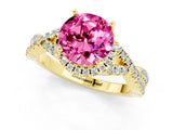 Yellow gold Round Cut Pink Sapphire  Halo Twist Band Solitaire Prong Setting Ring_43