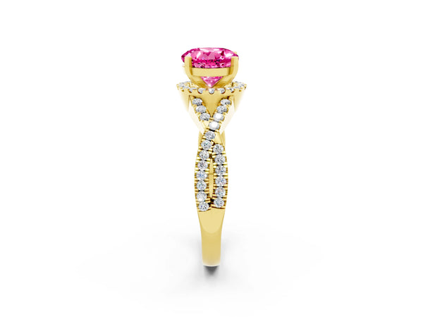 Yellow gold Round Cut Pink Sapphire  Halo Twist Band Solitaire Prong Setting Ring